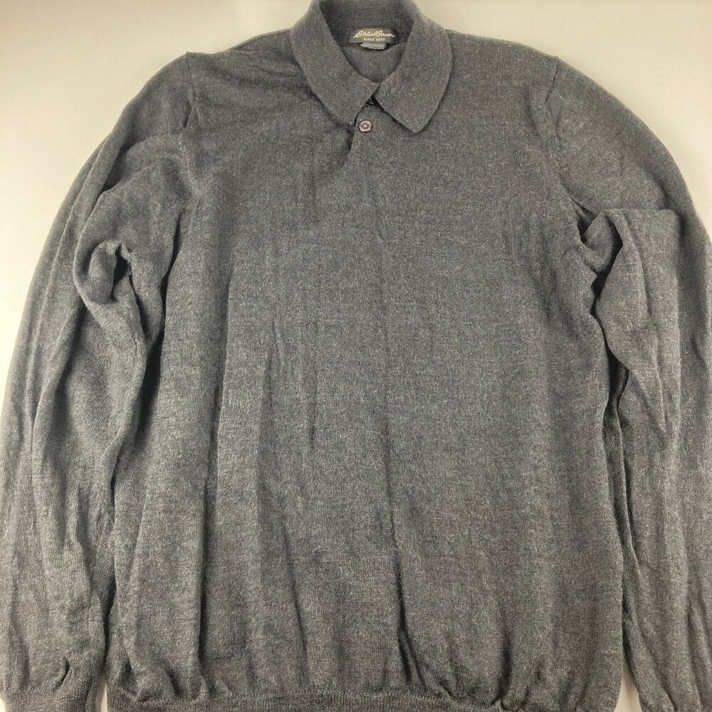 Eddie Bauer Sweater Mens L Gray 100% Merino Wool Made Australia Collared Polo